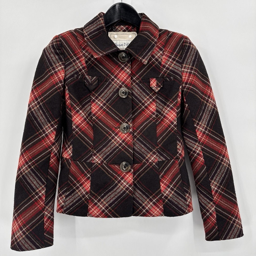 Raison D'etre XSmall Women Short Plaid Jacket Red Brown wool mix NO Belt Short‎
